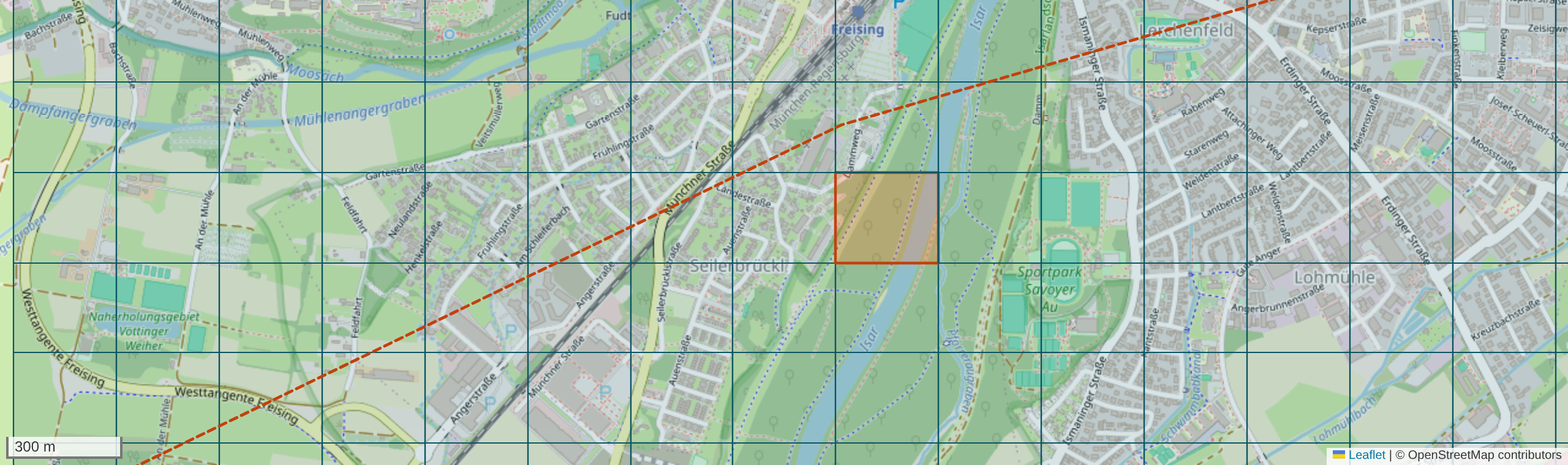 Kartenansicht mit ausgewählten Flächen und einer Trasse auf einer Straßenkarte